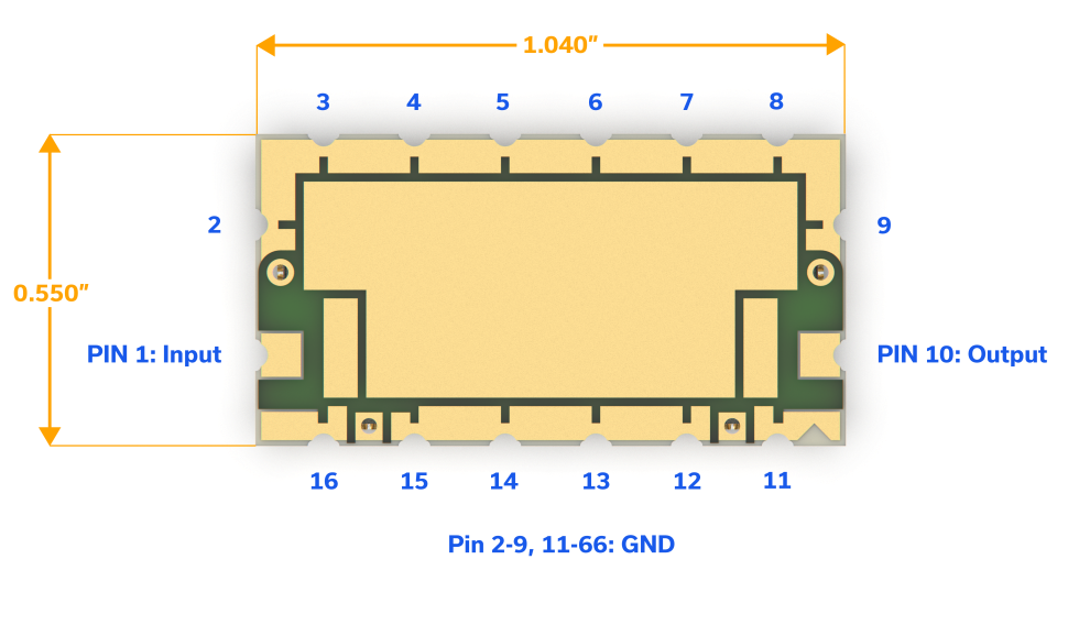 Figure 4: KU1513 package bottom view and footprint dimensions for Mini-Circuits’ CBP-2400A+ ceramic coaxial resonator filter.