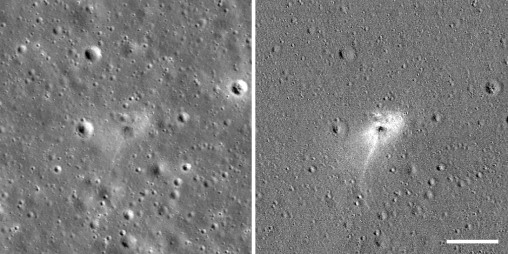 Beresheet Crash Site as spotted by the Nasa LRO - Left: Beresheet impact site. Right: An image processed to highlight changes near the landing site among photos taken before and after the landing. Scale bar is 100 meters. North is up. Both panels are 490 meters wide. Credits: NASA/GSFC/Arizona State University