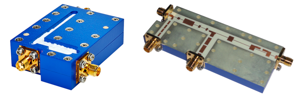 Figure 3: A suspended substrate diplexer in housing (left) and with housing removed (right).