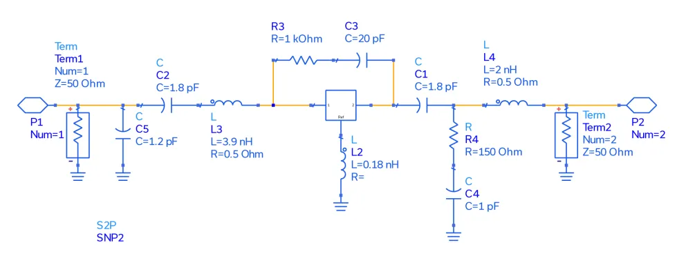 Figure 1: Application circuit schematic for SAV-541+ E-pHEMT in a narrowband (2300-2400 MHz) low noise amplifier.