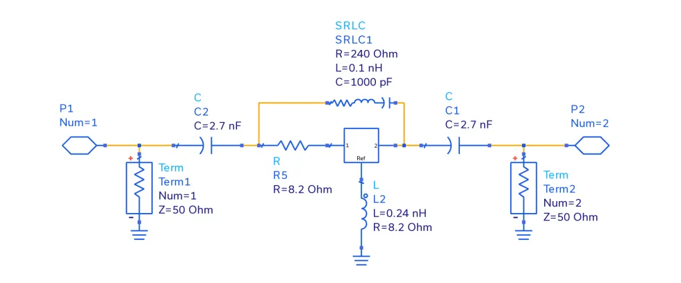 Figure 5: Schematic for a broadband amplifier circuit utilizing the SAV-541+ E-pHEMT.