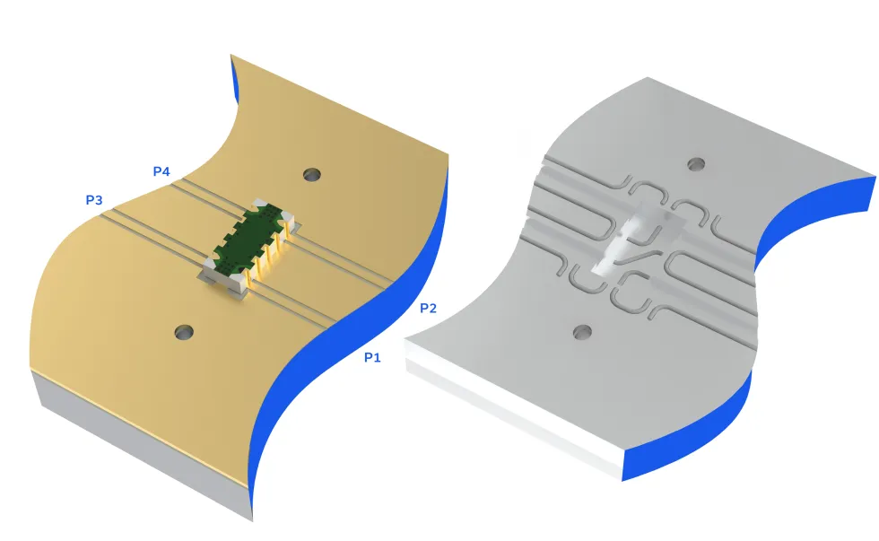 Figure 3a: SCBD-10-63HP+ stripline bidirectional coupler mounted to a PCB alongside its channelized shielding lid.