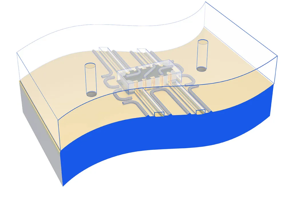 Figure 3b: Transparent view of the SCBD-10-63HP+ stripline bidirectional coupler with the lid mounted to the PCB/baseplate.