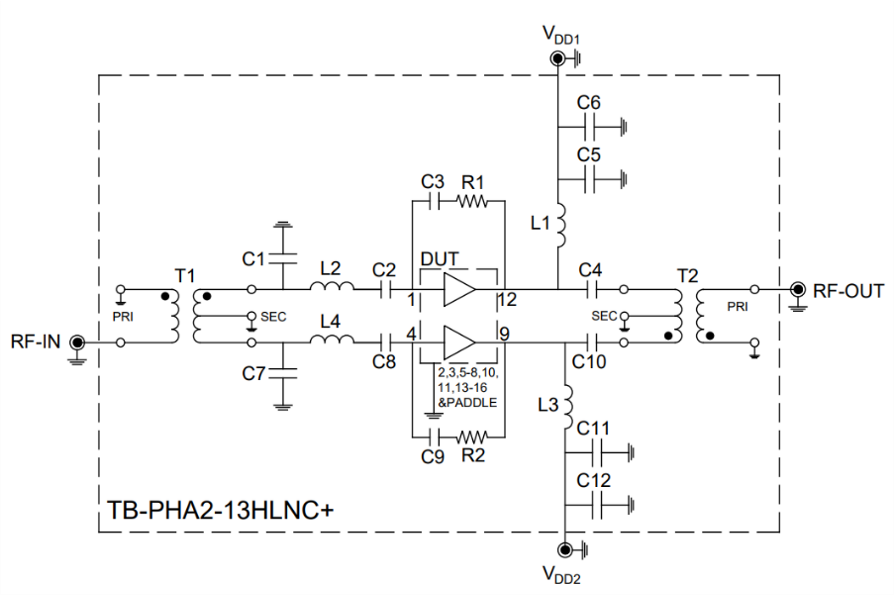 Figure 2: Schematic diagram for the push-pull circuit utilizing the PHA2-13HLN+ dual matched amplifier (TB-PHA2-13HLNC+)