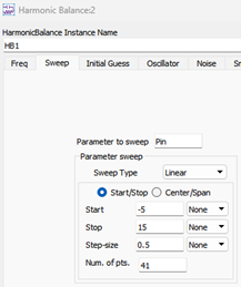 Figure 6a: Power sweep parameters specified in Harmonic Balance block.